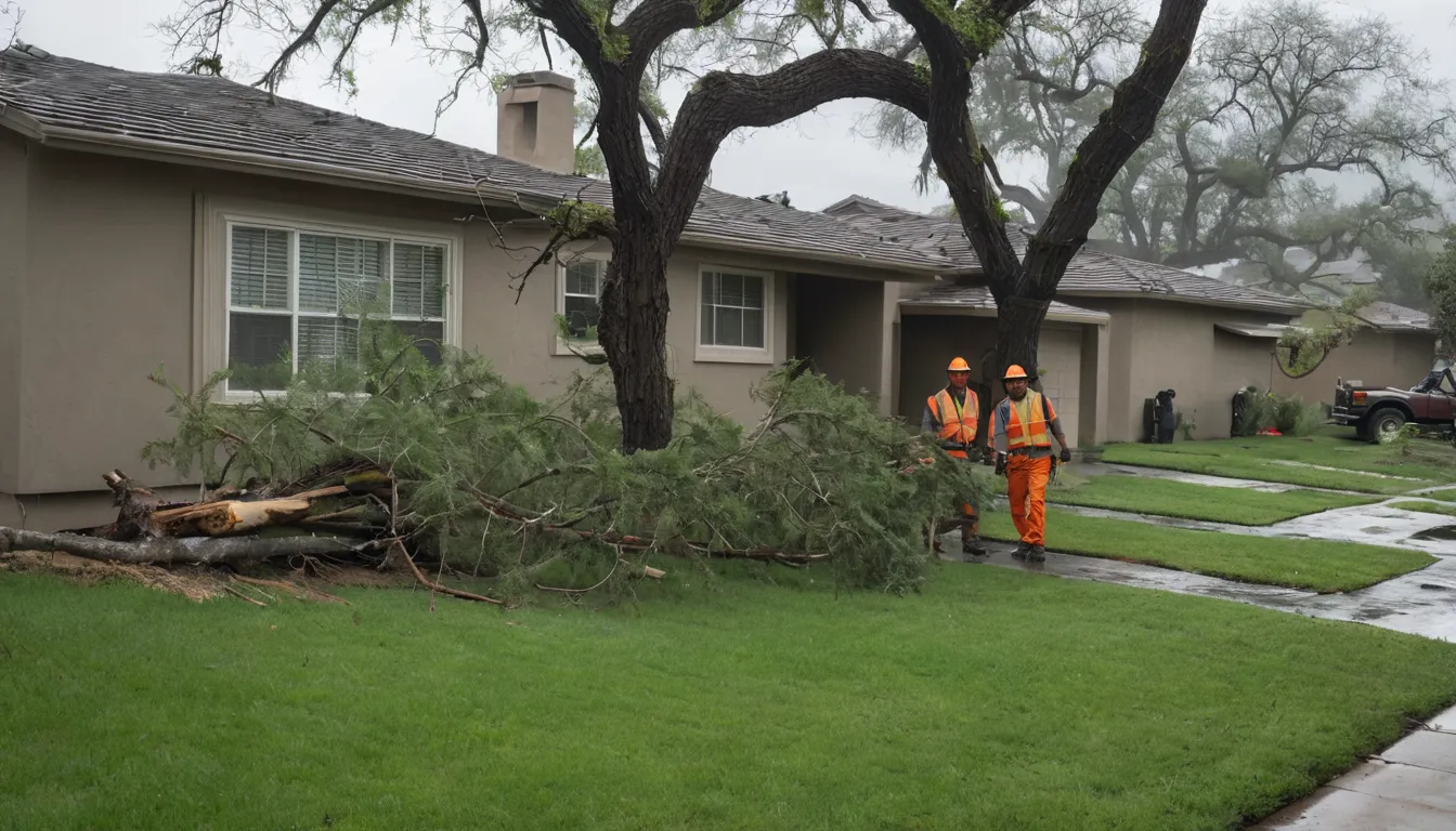 A provider in a hard hat and safety gear clearing a fallen tree from a backyard fence in Fremont