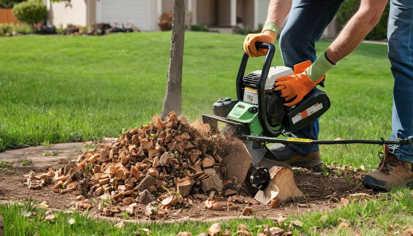 A local stump grinding provider working beside a homeowner's yard near Fremont