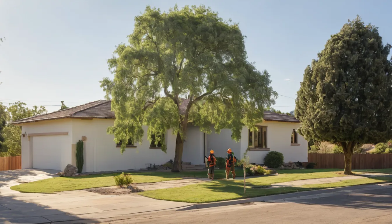 Provider crew safely taking down a large tree behind a stucco home in Fremont